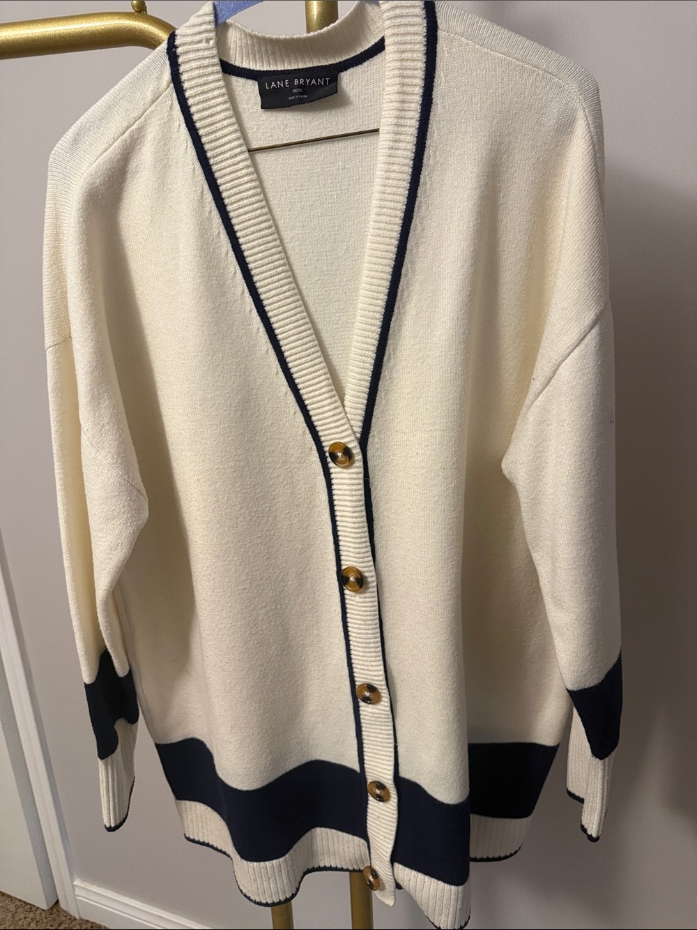 Lane Bryant Sz 18/20 Cream Cardigan with Navy Trim and Buttons
